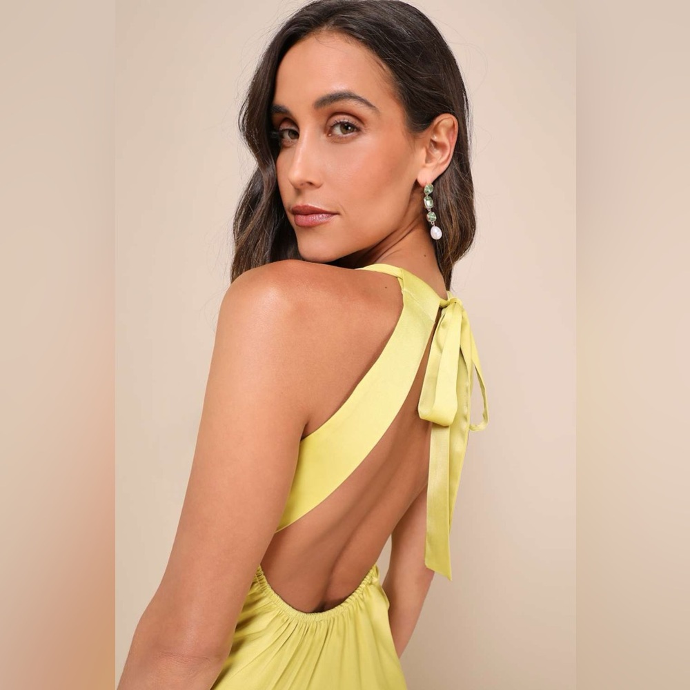 Lulus Certainly Glorious Chartreuse Satin Backless Midi Slip Dress NWT - Picture 6 of 11